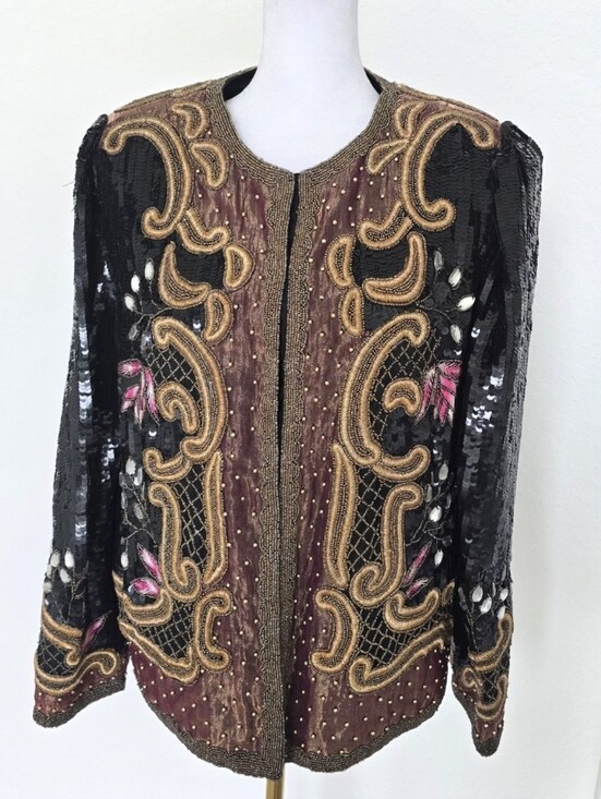 Vintage Jackets & Blazers - Vintage Laurence Kazar Sequin & Beaded Blazer Silk Evening Jacket M